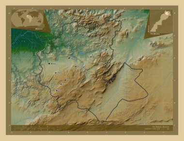 Fas-Meknes bölgesi, Fas bölgesi. Gölleri ve nehirleri olan renkli yükseklik haritası. Bölgenin büyük şehirlerinin yerleri ve isimleri. Köşedeki yedek konum haritaları