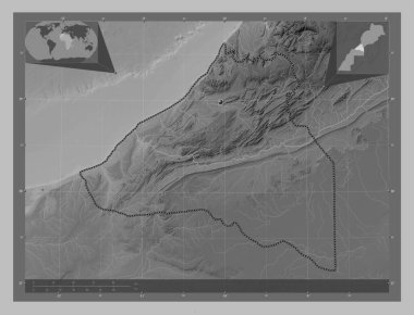 Guelmim-Oued İsim, Fas bölgesi. Gölleri ve nehirleri olan gri tonlama yükseklik haritası. Köşedeki yedek konum haritaları