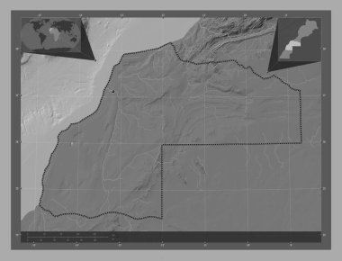 Laayoune-Sakia El Hamra, Fas bölgesi. Göllü ve nehirli çift katlı yükseklik haritası. Köşedeki yedek konum haritaları