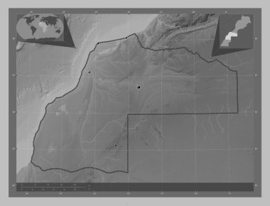 Laayoune-Sakia El Hamra, Fas bölgesi. Gölleri ve nehirleri olan gri tonlama yükseklik haritası. Bölgenin büyük şehirlerinin yerleri. Köşedeki yedek konum haritaları