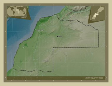 Laayoune-Sakia El Hamra, Fas bölgesi. Yükseklik haritası göller ve nehirlerle wiki tarzında renklendirilmiş. Bölgenin büyük şehirlerinin yerleri ve isimleri. Köşedeki yedek konum haritaları
