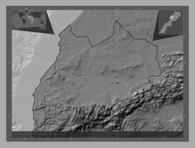 Marakeş-Safi, Fas bölgesi. Göllü ve nehirli çift katlı yükseklik haritası. Köşedeki yedek konum haritaları