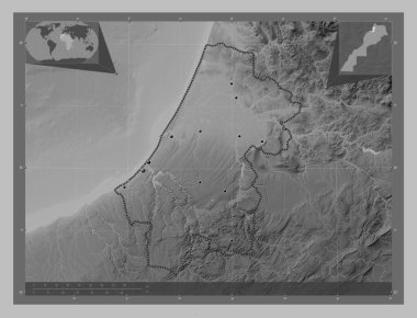 Rabat-Sale-Kenitra, Fas bölgesi. Gölleri ve nehirleri olan gri tonlama yükseklik haritası. Bölgenin büyük şehirlerinin yerleri. Köşedeki yedek konum haritaları