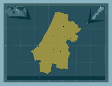 Rabat-Sale-Kenitra, Fas bölgesi. Katı renk şekli. Bölgenin büyük şehirlerinin yerleri. Köşedeki yedek konum haritaları