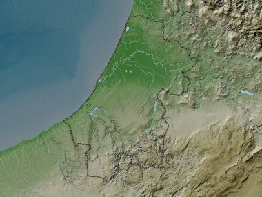 Rabat-Sale-Kenitra, Fas bölgesi. Yükseklik haritası göller ve nehirlerle wiki stilinde renklendirilmiştir