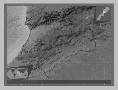 Souss-Massa, Fas bölgesi. Gölleri ve nehirleri olan gri tonlama yükseklik haritası. Köşedeki yedek konum haritaları