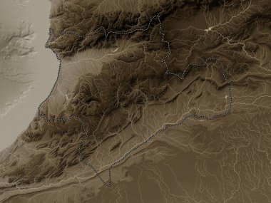 Souss-Massa, Fas bölgesi. Yükseklik haritası sepya tonlarında göller ve nehirlerle renklendirilmiş