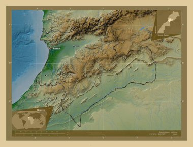 Souss-Massa, Fas bölgesi. Gölleri ve nehirleri olan renkli yükseklik haritası. Bölgenin büyük şehirlerinin yerleri ve isimleri. Köşedeki yedek konum haritaları