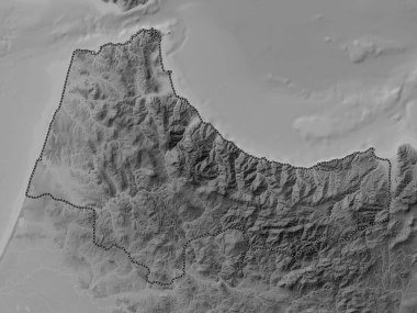 Tanger-Tetouan-Al Hoceima, Fas bölgesi. Gölleri ve nehirleri olan gri tonlama yükseklik haritası