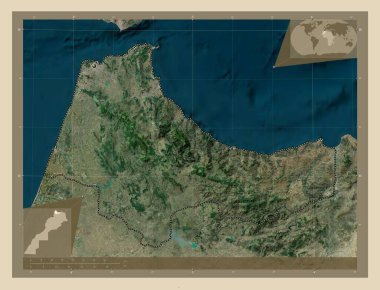 Tanger-Tetouan-Al Hoceima, Fas bölgesi. Yüksek çözünürlüklü uydu. Köşedeki yedek konum haritaları