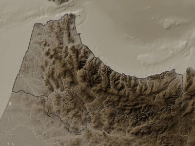 Tanger-Tetouan-Al Hoceima, Fas bölgesi. Yükseklik haritası sepya tonlarında göller ve nehirlerle renklendirilmiş