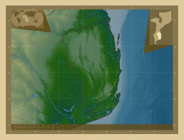 Inhambane, Mozambik vilayeti. Gölleri ve nehirleri olan renkli yükseklik haritası. Köşedeki yedek konum haritaları