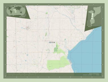 Manica, Mozambik vilayeti. Açık Sokak Haritası. Bölgenin büyük şehirlerinin yerleri ve isimleri. Köşedeki yedek konum haritaları