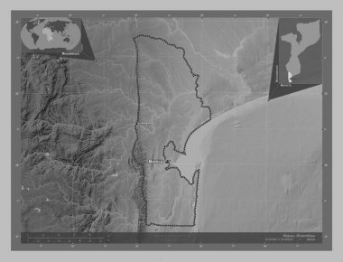 Maputo, Mozambik vilayeti. Gölleri ve nehirleri olan gri tonlama yükseklik haritası. Bölgenin büyük şehirlerinin yerleri ve isimleri. Köşedeki yedek konum haritaları