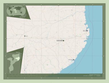 Nampula, Mozambik vilayeti. Açık Sokak Haritası. Bölgenin büyük şehirlerinin yerleri ve isimleri. Köşedeki yedek konum haritaları