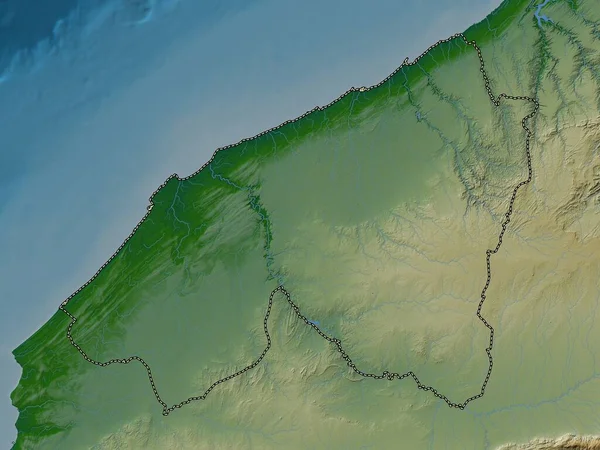 Casablanca-Settat, Fas bölgesi. Gölleri ve nehirleri olan renkli yükseklik haritası