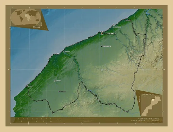 Касабланка Сеттат Регіон Марокко Кольорові Карти Висот Озерами Річками Місця — стокове фото