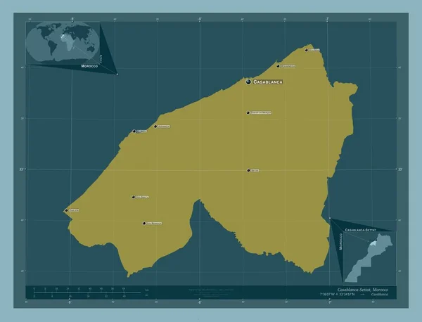 摩洛哥地区卡萨布兰卡定居地 固体的颜色形状 该区域主要城市的地点和名称 角辅助位置图 — 图库照片