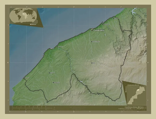 モロッコの地域 カサブランカ セッタ 湖や川とWikiスタイルで着色された標高マップ 地域の主要都市の位置と名前 コーナー補助位置図 — ストック写真