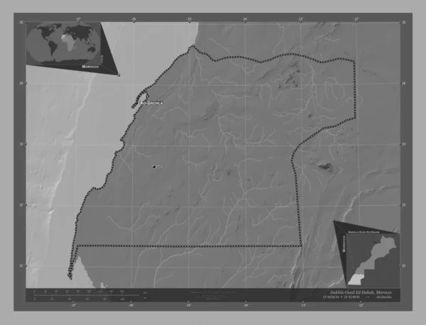 Dakhla Oued Dahab Region Maroka Dwupoziomowa Mapa Jeziorami Rzekami Lokalizacje — Zdjęcie stockowe