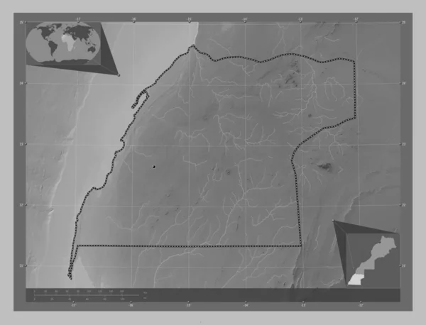 モロッコの地域のDakla Oeued Dahab 湖や川とグレースケールの標高マップ 地域の主要都市の場所 コーナー補助位置図 — ストック写真