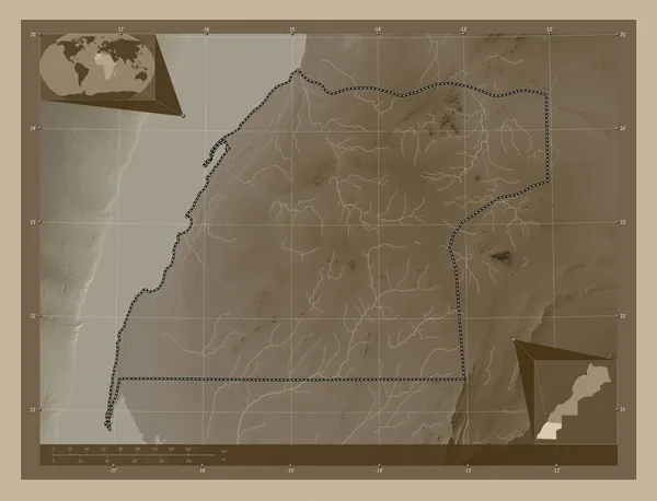 Dakhla Oued Dahab Región Marruecos Mapa Elevación Coloreado Tonos Sepia —  Fotos de Stock