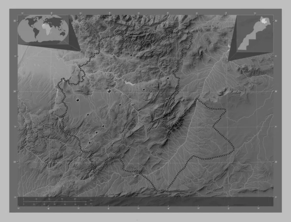 Fes Meknes 摩洛哥地区 带有湖泊和河流的灰度高程图 该区域主要城市的所在地点 角辅助位置图 — 图库照片