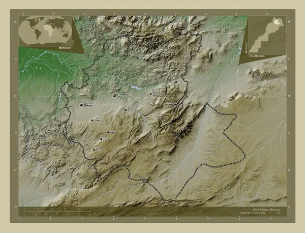 Fes Meknes Oblast Maroka Zdvihová Mapa Zbarvená Stylu Wiki Jezery — Stock fotografie
