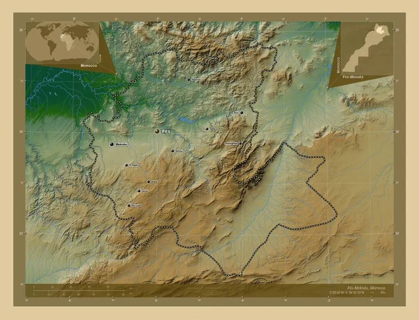 Fes Meknes Region Morocco Colored Elevation Map Lakes Rivers Locations — Stock Photo, Image