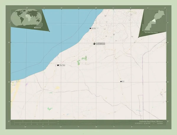 摩洛哥地区Guelmim Oued Noun 开放街道地图 该区域主要城市的地点和名称 角辅助位置图 — 图库照片