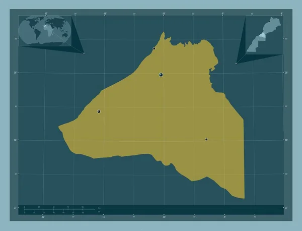 モロッコの地域であるグエルミーム ヌーン Guelmim Oeued しっかりした色の形 地域の主要都市の場所 コーナー補助位置図 — ストック写真