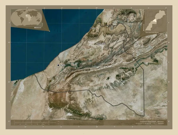 モロッコの地域であるグエルミーム ヌーン Guelmim Oeued 高解像度衛星地図 地域の主要都市の位置と名前 コーナー補助位置図 — ストック写真