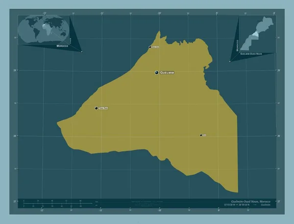 モロッコの地域であるグエルミーム ヌーン Guelmim Oeued しっかりした色の形 地域の主要都市の位置と名前 コーナー補助位置図 — ストック写真