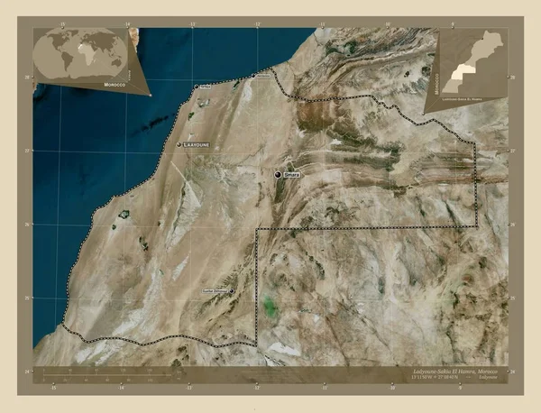 モロッコの地域 ラヨーン サキア ハムラ 高解像度衛星地図 地域の主要都市の位置と名前 コーナー補助位置図 — ストック写真