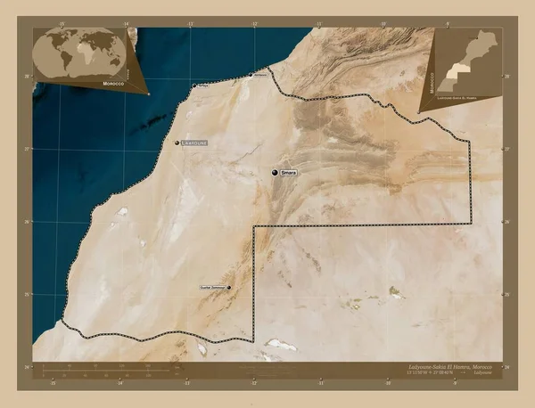 阿尤恩 萨基亚 哈姆拉 摩洛哥地区 低分辨率卫星地图 该区域主要城市的地点和名称 角辅助位置图 — 图库照片