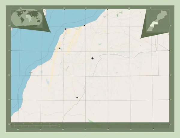 阿尤恩 萨基亚 哈姆拉 摩洛哥地区 开放街道地图 该区域主要城市的所在地点 角辅助位置图 — 图库照片
