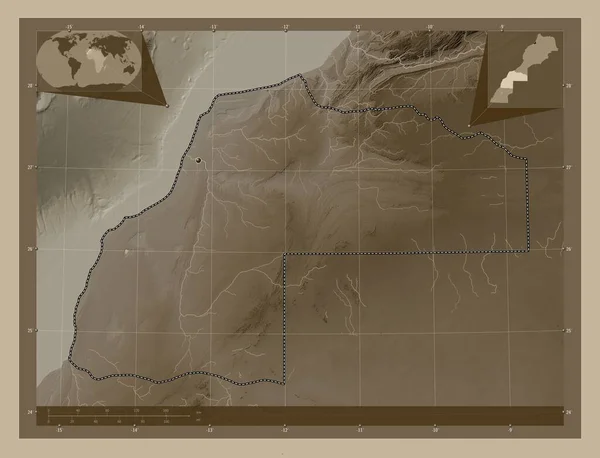 モロッコの地域 ラヨーン サキア ハムラ 湖や川とセピアトーンで着色された標高マップ コーナー補助位置図 — ストック写真