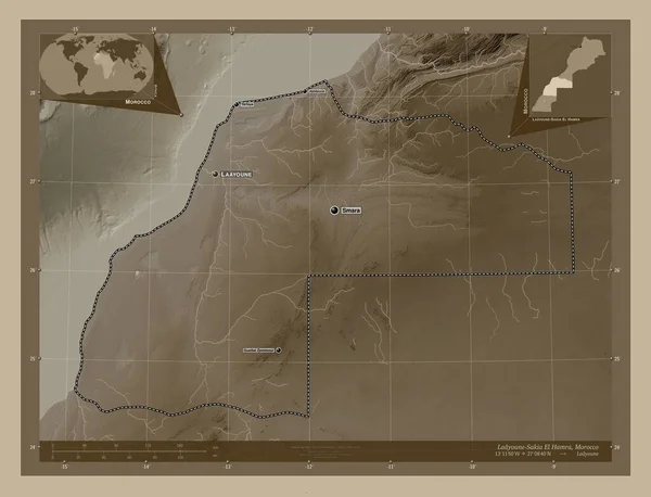 Laayoune Sakia Hamra Περιφέρεια Μαρόκου Υψόμετρο Χάρτη Χρωματισμένο Τόνους Σέπια — Φωτογραφία Αρχείου