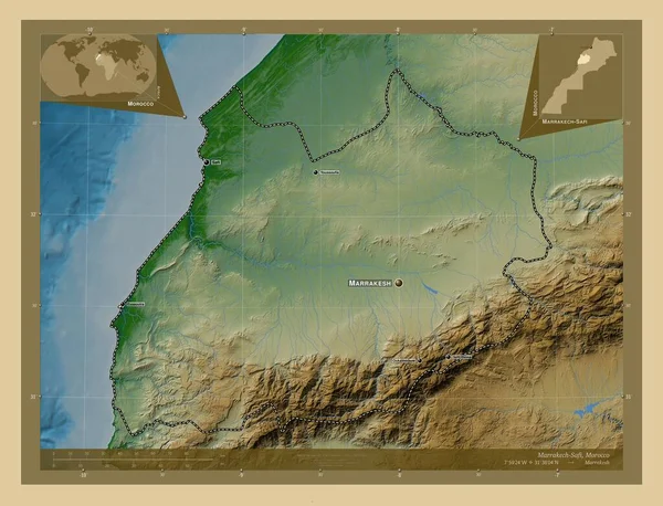 Marrakech Safi Region Maroka Kolorowa Mapa Wzniesień Jeziorami Rzekami Lokalizacje — Zdjęcie stockowe
