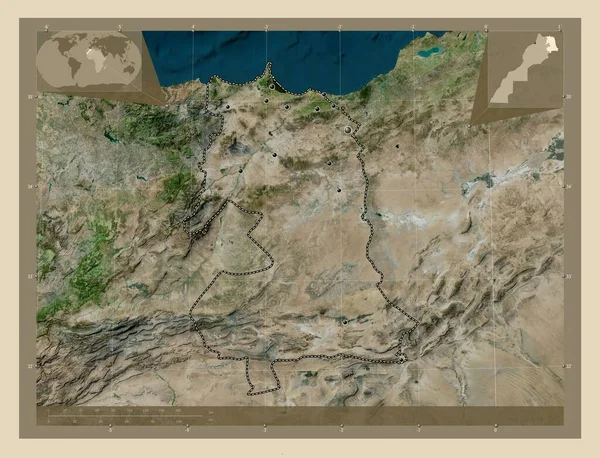 摩洛哥地区 高分辨率卫星地图 该区域主要城市的所在地点 角辅助位置图 — 图库照片