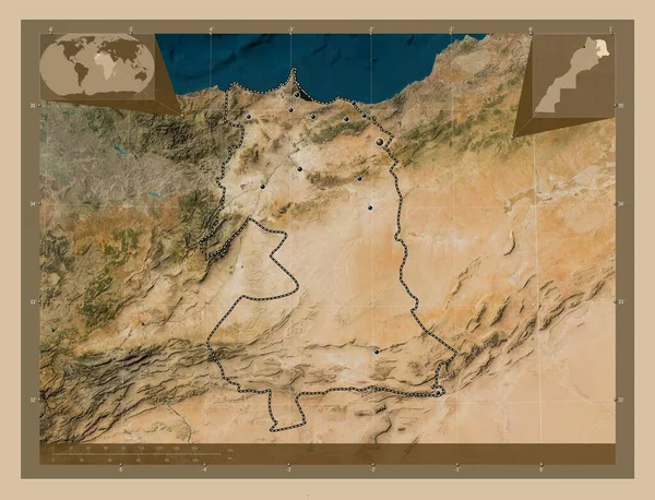 モロッコの地域 低解像度衛星地図 地域の主要都市の場所 コーナー補助位置図 — ストック写真