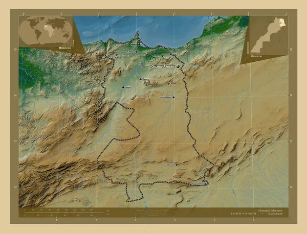 Ανατολική Περιοχή Του Μαρόκου Χρωματιστός Υψομετρικός Χάρτης Λίμνες Και Ποτάμια — Φωτογραφία Αρχείου