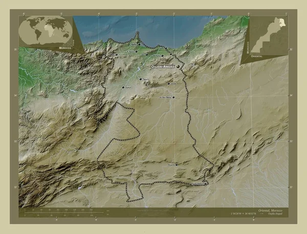 摩洛哥地区 用Wiki风格绘制的带有湖泊和河流的高程地图 该区域主要城市的地点和名称 角辅助位置图 — 图库照片