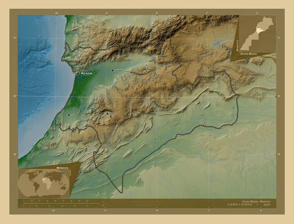 Souss Massa Região Marrocos Mapa Elevação Colorido Com Lagos Rios — Fotografia de Stock