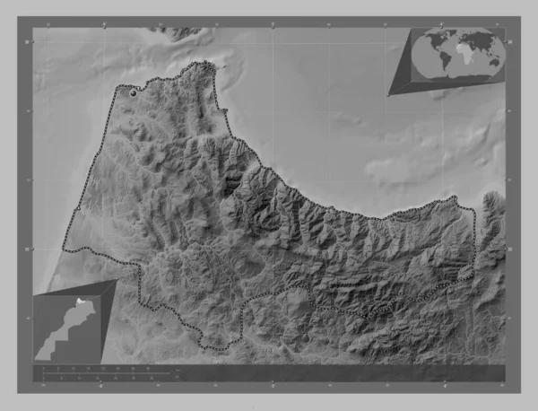 モロッコの領域であるタンジェ テトゥアン ホセイマ 湖や川とグレースケールの標高マップ コーナー補助位置図 — ストック写真
