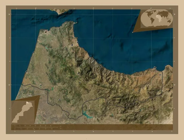 モロッコの領域であるタンジェ テトゥアン ホセイマ 低解像度衛星地図 地域の主要都市の場所 コーナー補助位置図 — ストック写真