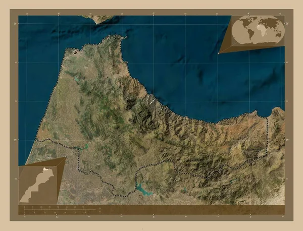 モロッコの領域であるタンジェ テトゥアン ホセイマ 低解像度衛星地図 コーナー補助位置図 — ストック写真