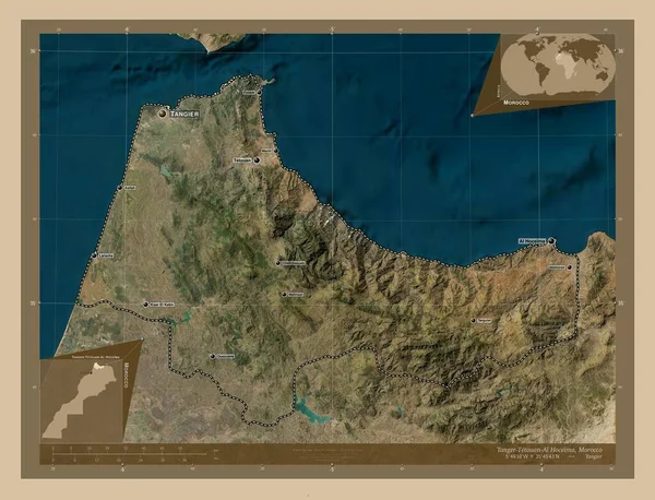 モロッコの領域であるタンジェ テトゥアン ホセイマ 低解像度衛星地図 地域の主要都市の位置と名前 コーナー補助位置図 — ストック写真