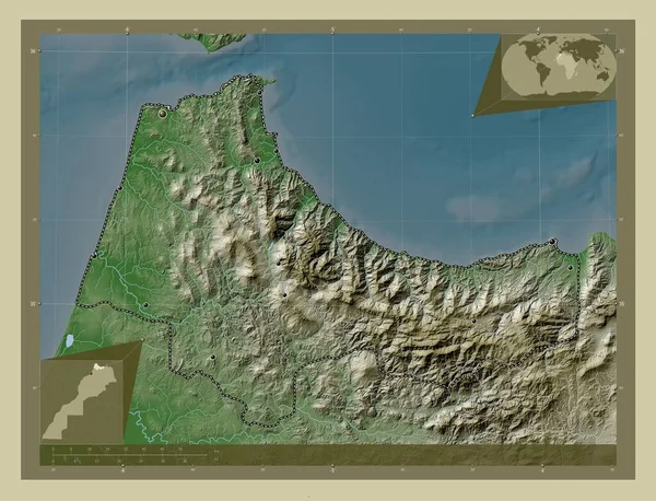 Tanger Tetouan Hoceima 摩洛哥地区 用Wiki风格绘制的带有湖泊和河流的高程地图 该区域主要城市的所在地点 角辅助位置图 — 图库照片