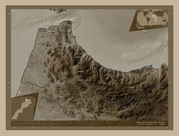 Tanger Tetouan Hoceima Fas Bölgesi Yükseklik Haritası Sepya Tonlarında Göller — Stok fotoğraf